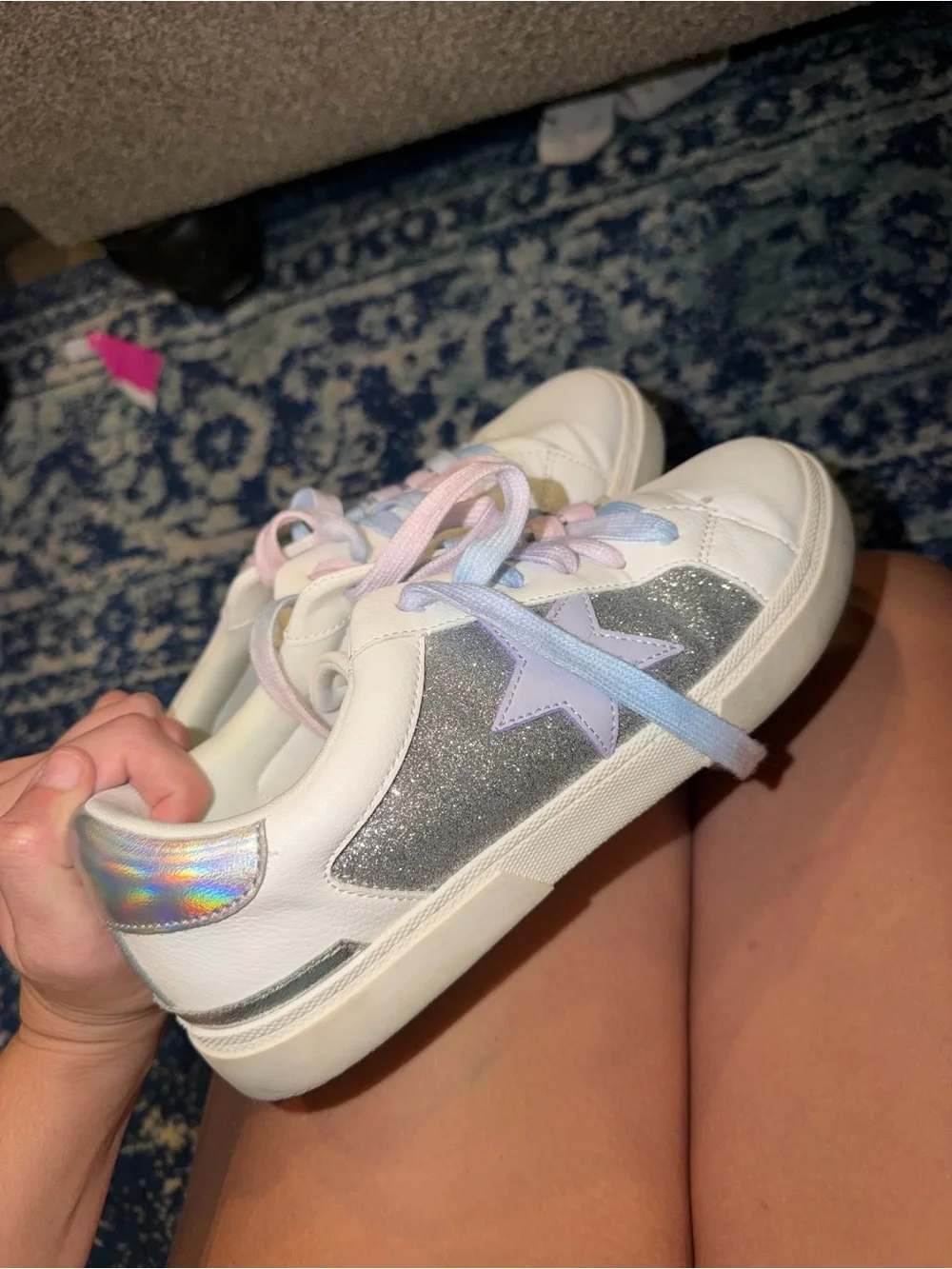 Kids White Sneakers with Pastel Pink & Blue Accents and Silver Star Panel